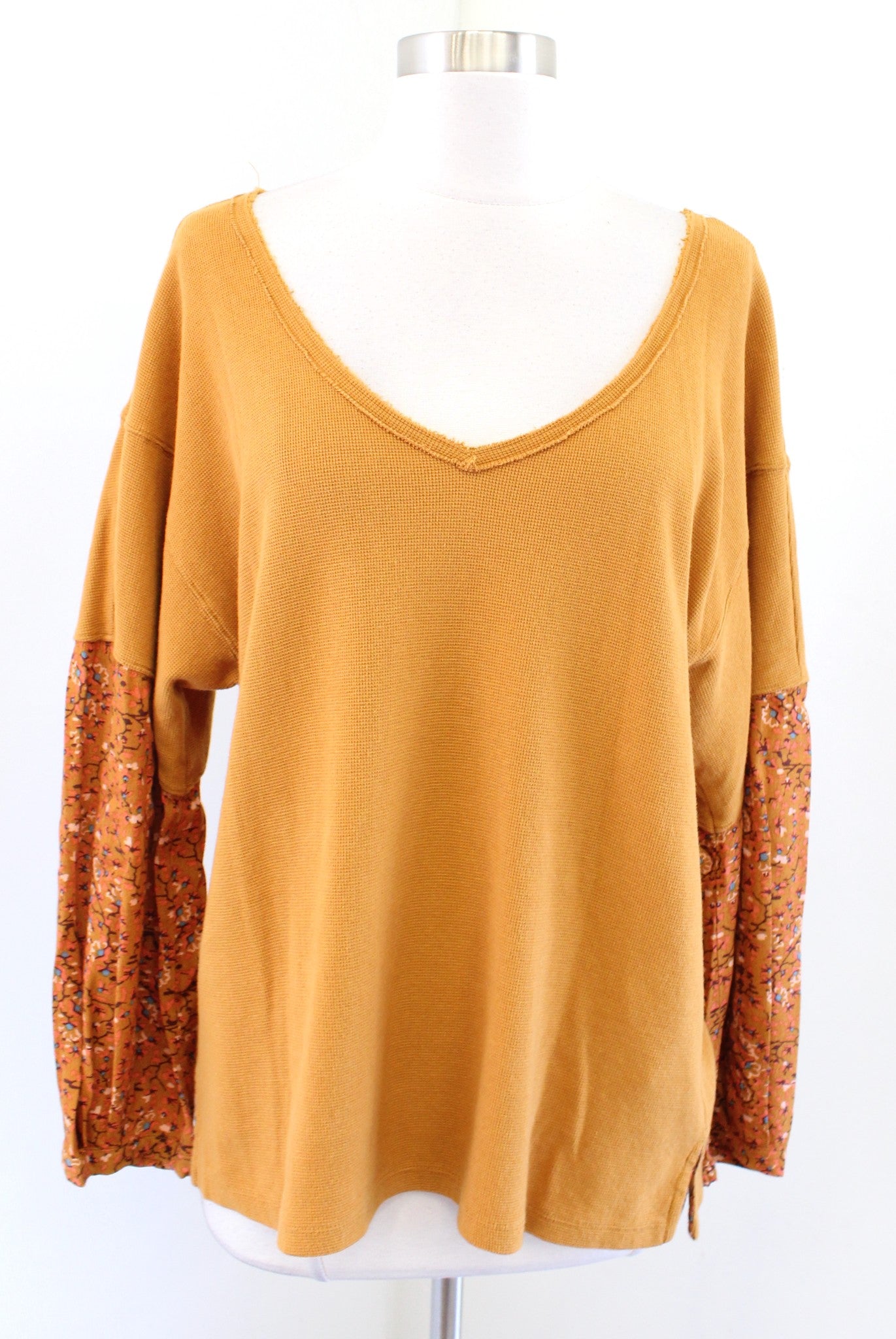 By Anthropologie Annette Orange/Yellow Floral Print Waffle Knit Top Blouse Sz XS Long Sleeve