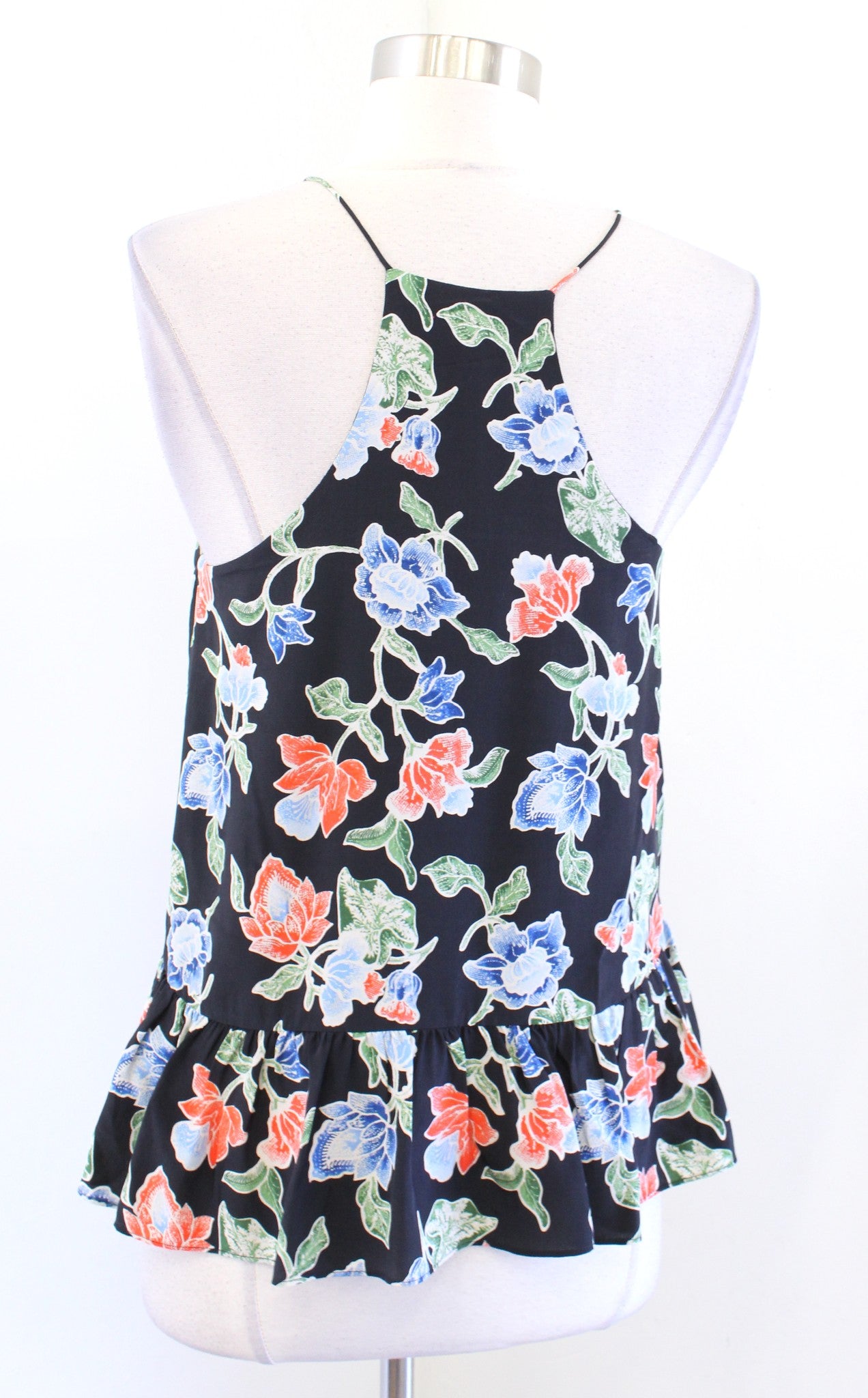 Joie Derwen Black Floral Silk Ruffle Cami Tank Top Blouse Size XS Blue Green