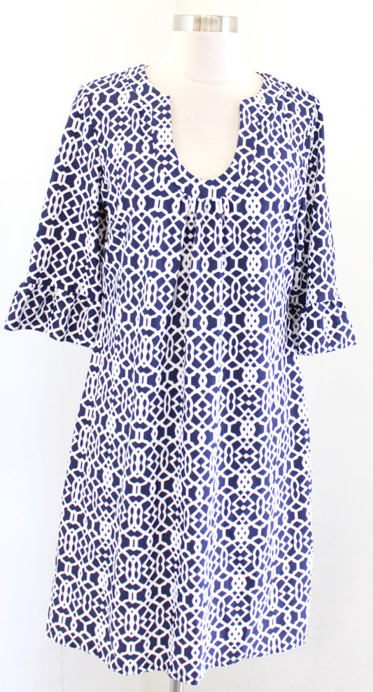Jude Connally Navy Blue White Geometric Print Jude Cloth Shift Dress Size L