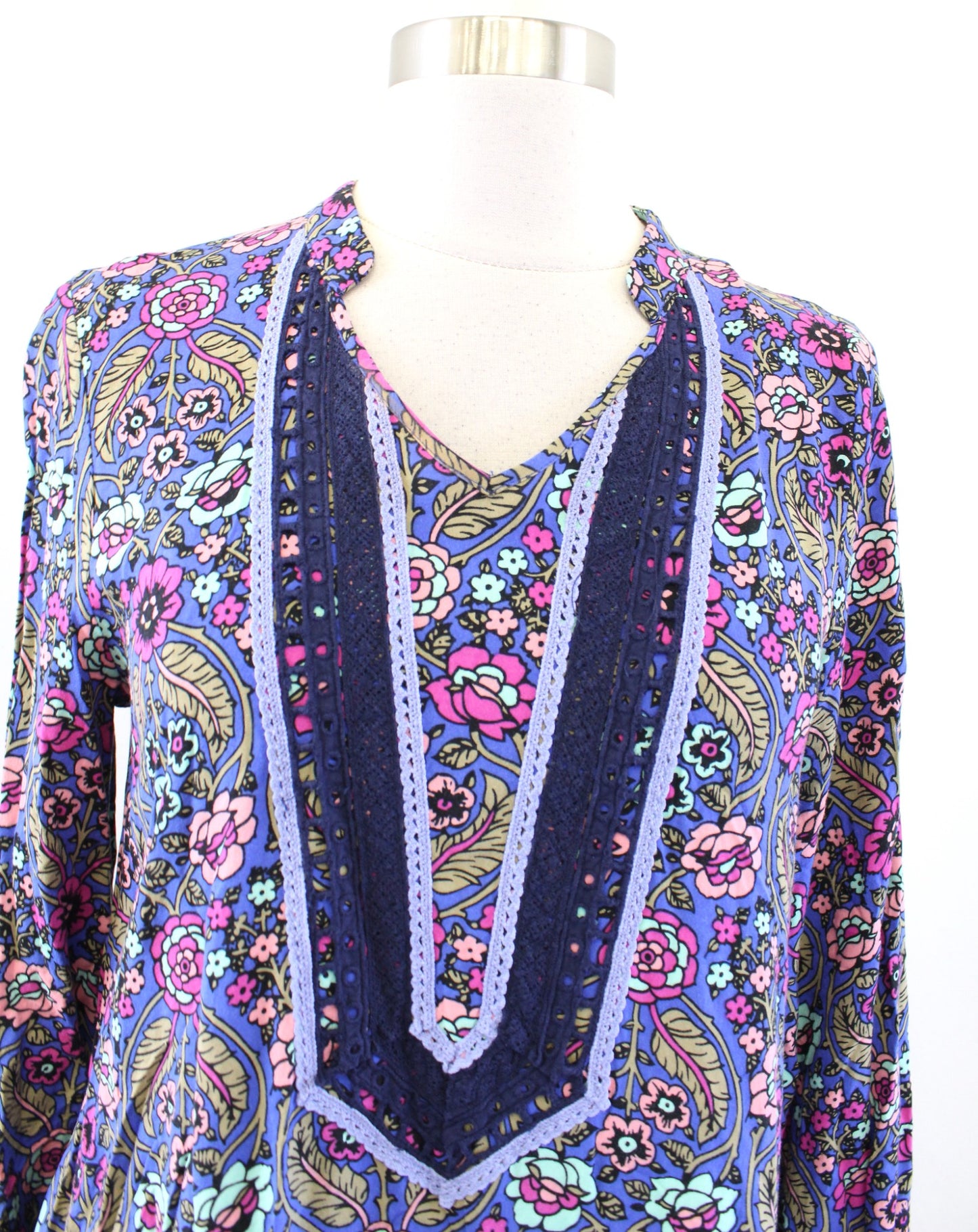 Matilda Jane Thoughts and Dreams Blue Floral Lace Trim Tunic Shift Dress Size S