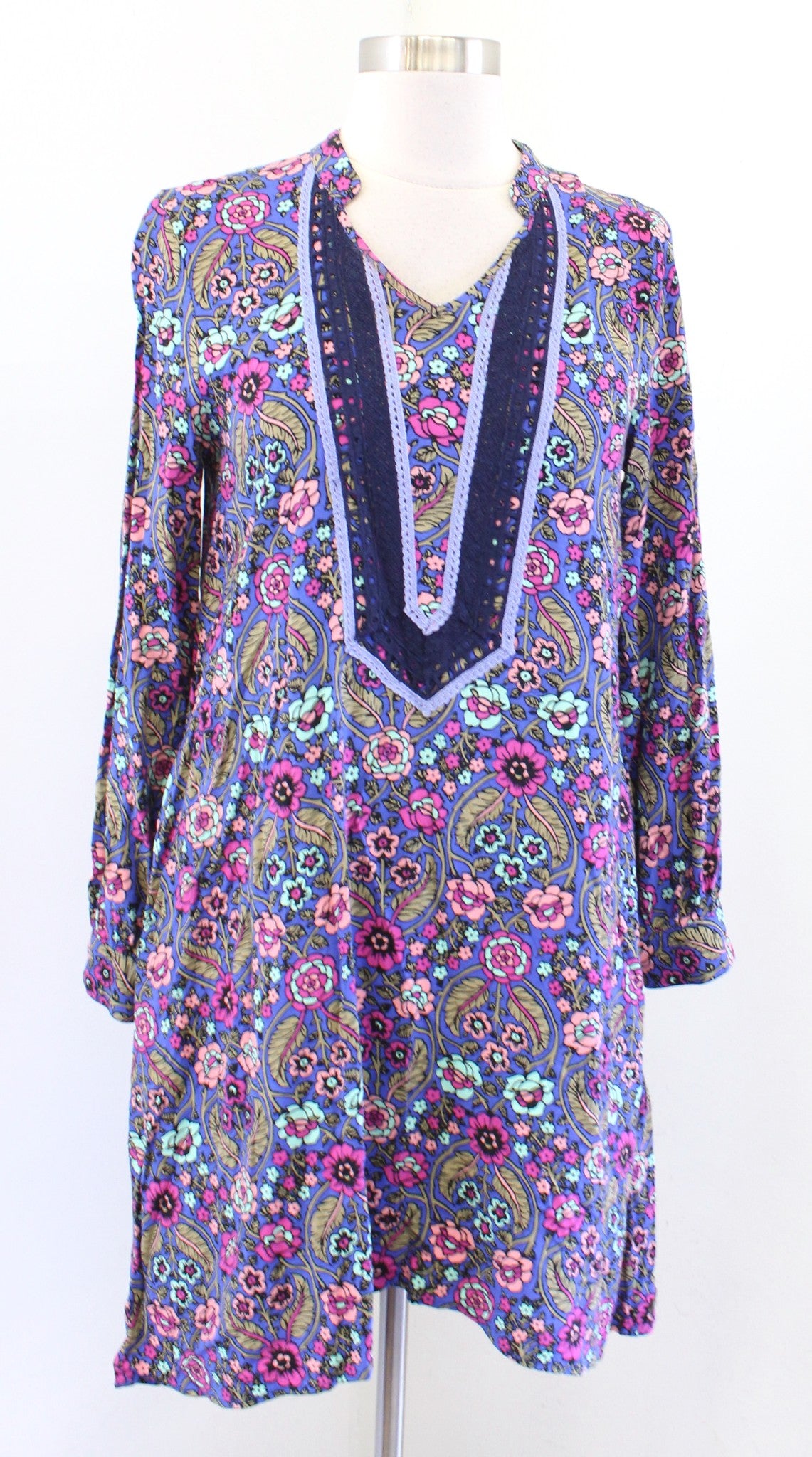 Matilda Jane Thoughts and Dreams Blue Floral Lace Trim Tunic Shift Dress Size S