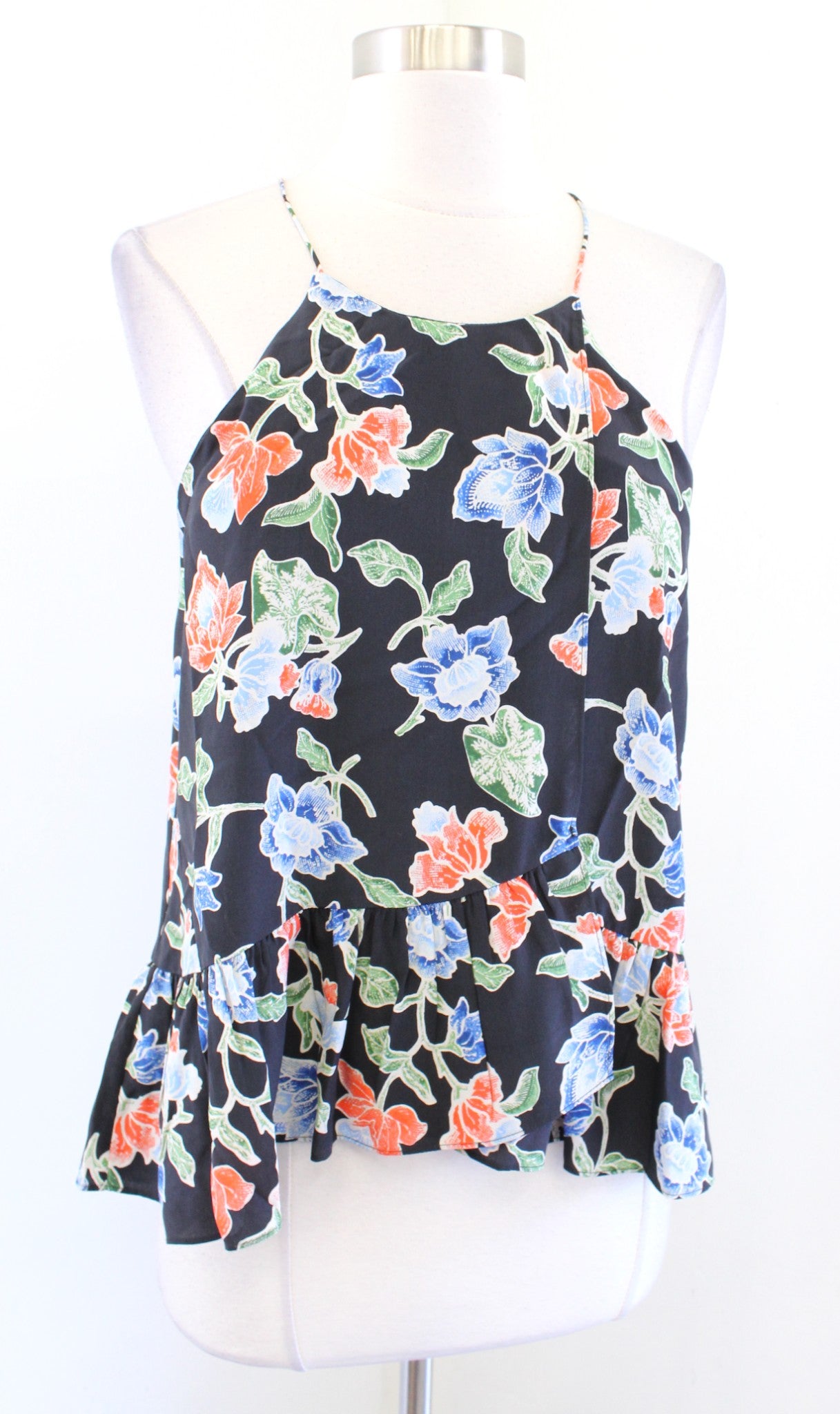 Joie Derwen Black Floral Silk Ruffle Cami Tank Top Blouse Size XS Blue Green