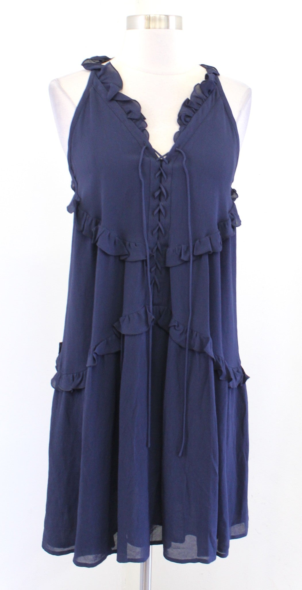 NWT $169 A Loves A Navy Blue Lace Up Ruffle Tiered Shift Dress Size XS Racerback