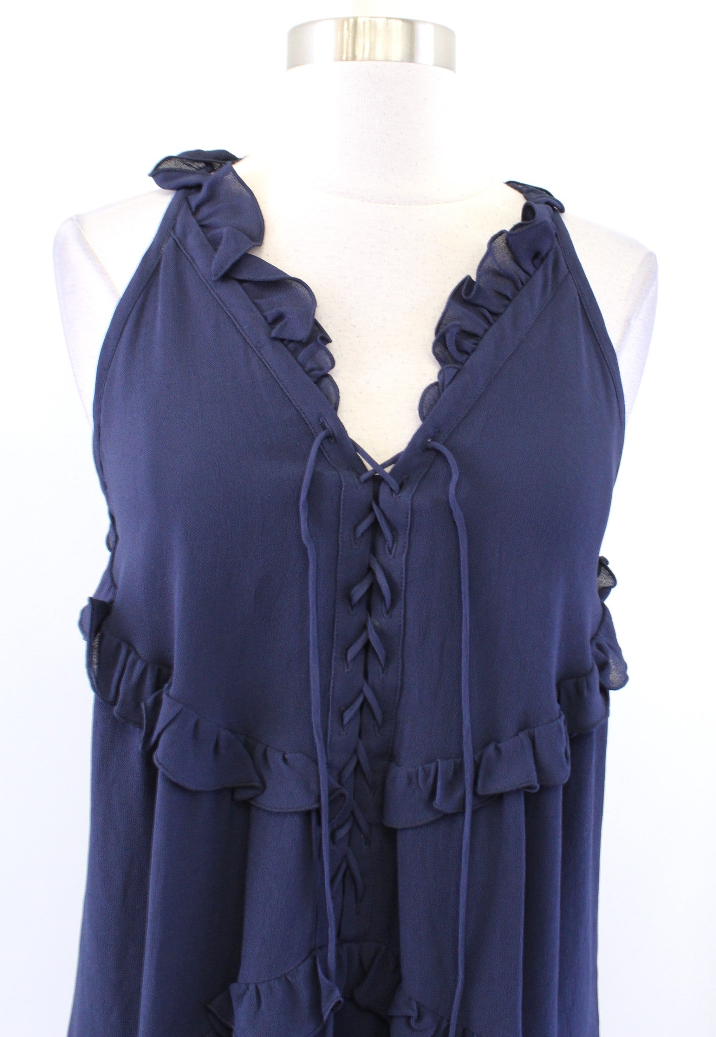 NWT $169 A Loves A Navy Blue Lace Up Ruffle Tiered Shift Dress Size XS Racerback