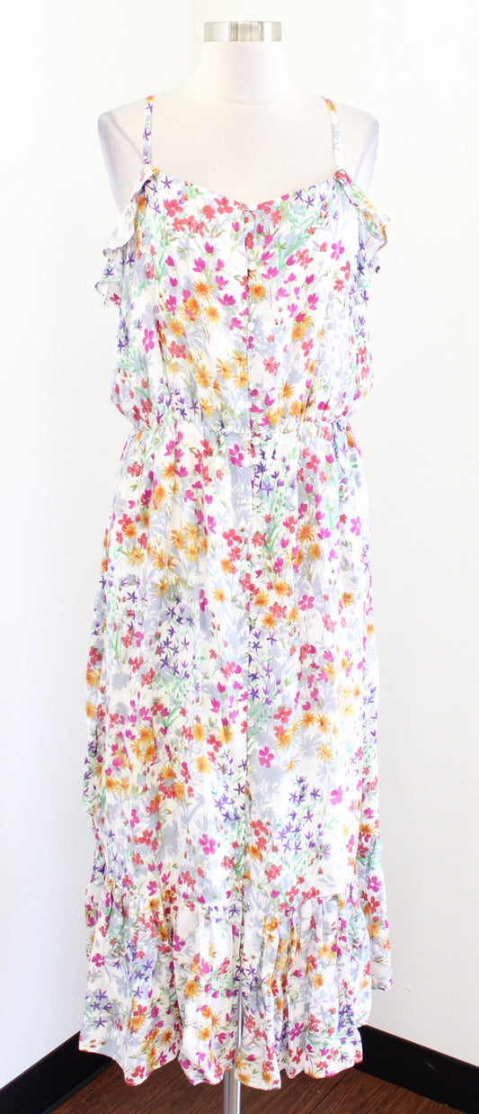 J Jill Summer Floral Print Button Front Ruffle Blouson Maxi Dress Size S Ivory