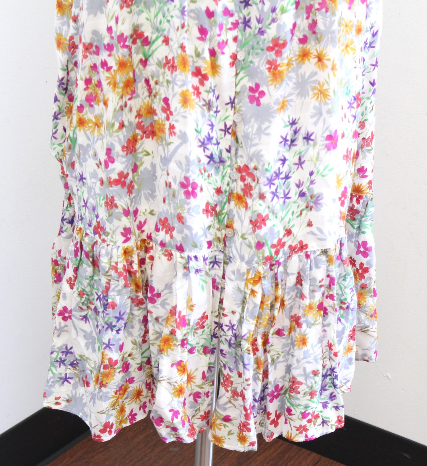 J Jill Summer Floral Print Button Front Ruffle Blouson Maxi Dress Size S Ivory