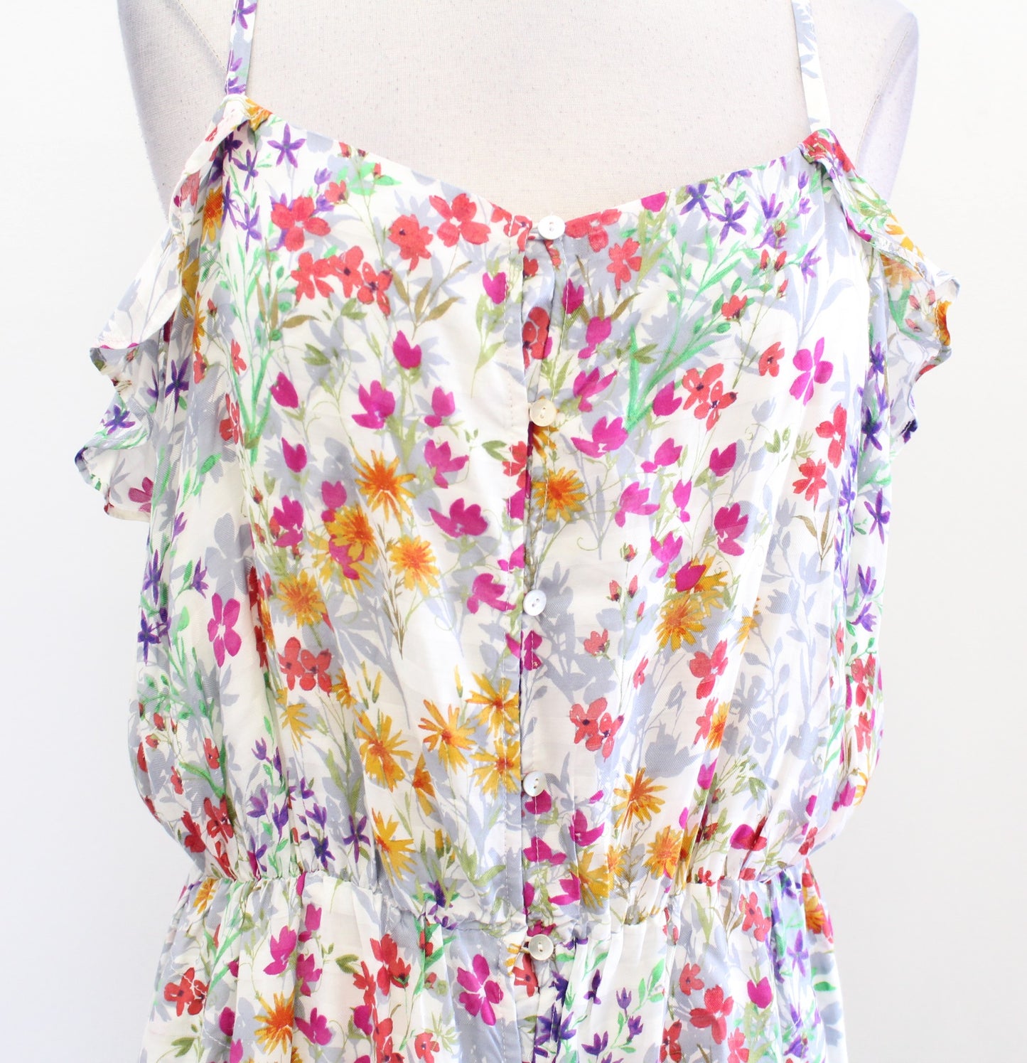 J Jill Summer Floral Print Button Front Ruffle Blouson Maxi Dress Size S Ivory
