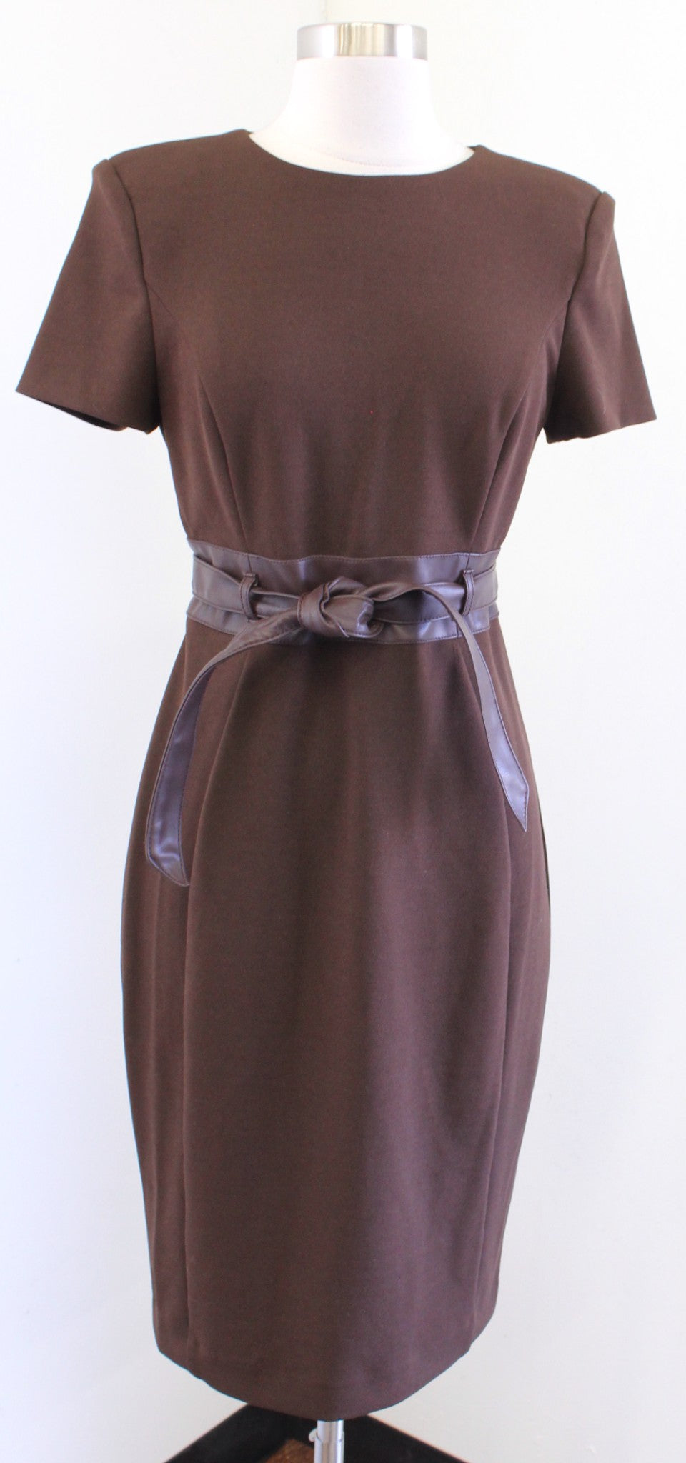 Calvin Klein Brown Short Sleeve Faux Leather Tie Waist Sheath Dress Sz 4 Career