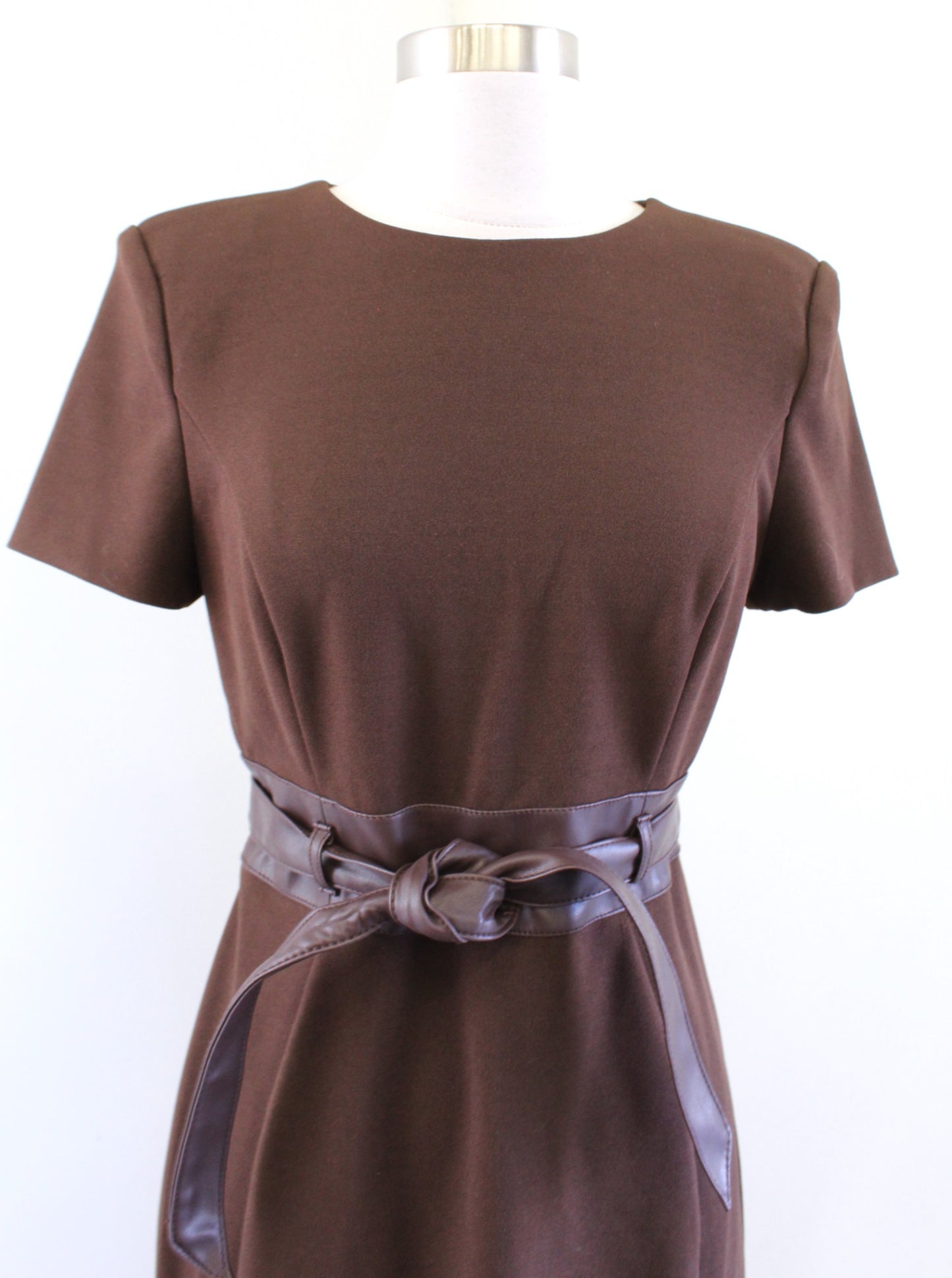 Calvin Klein Brown Short Sleeve Faux Leather Tie Waist Sheath Dress Sz 4 Career