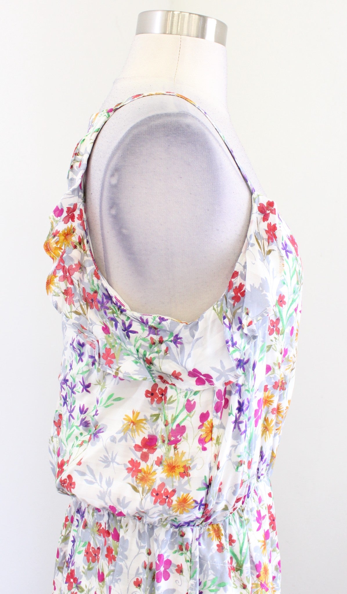 J Jill Summer Floral Print Button Front Ruffle Blouson Maxi Dress Size S Ivory