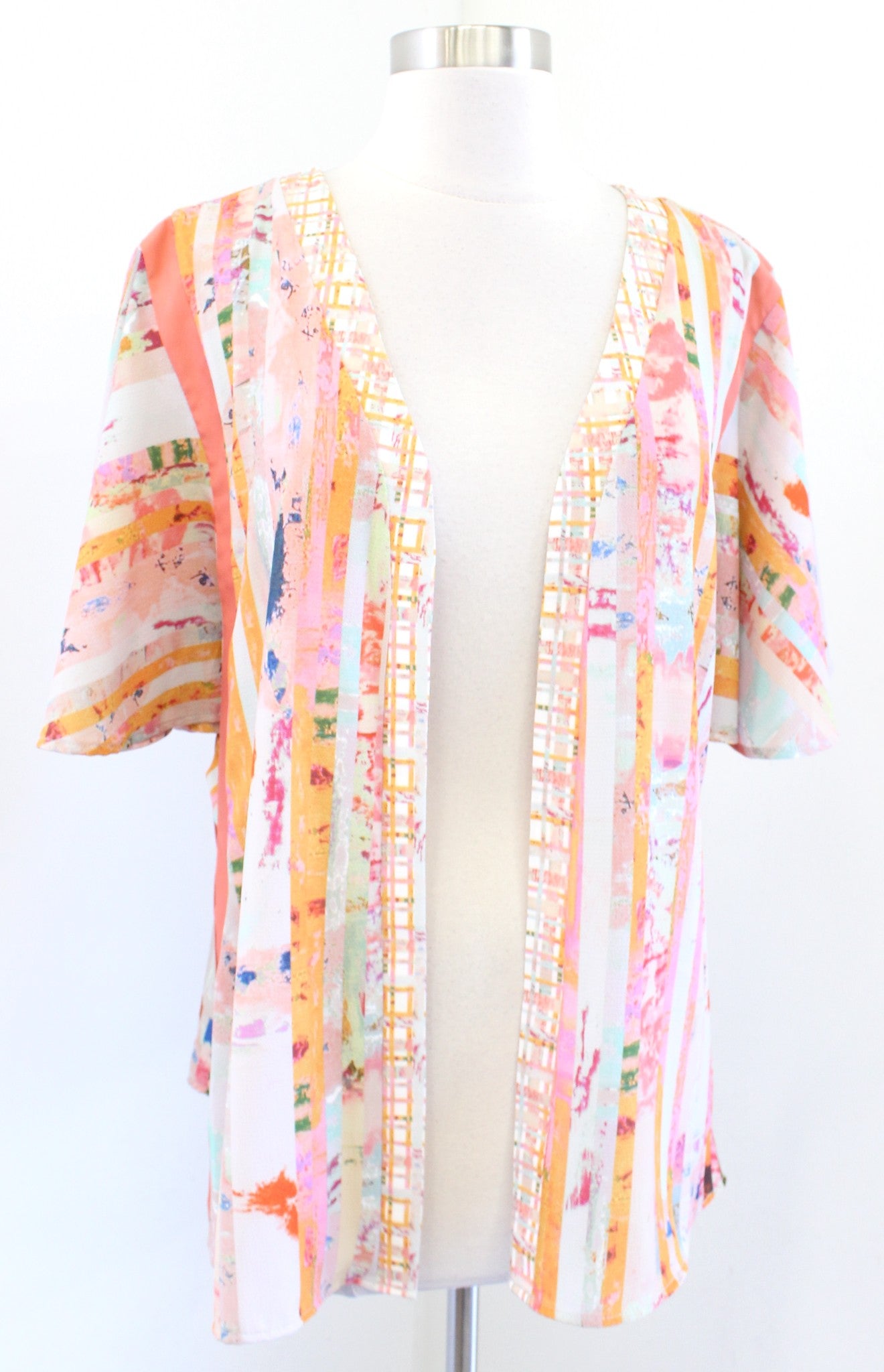 Floreat Anthropologie Colorful Abstract One Size Kimono Topper Jacket S M L Boho Short Sleeve
