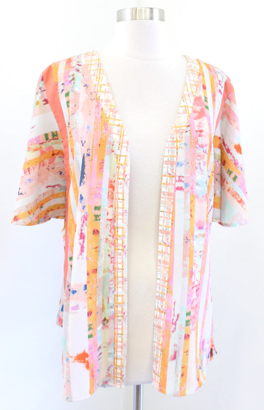 Floreat Anthropologie Colorful Abstract One Size Kimono Topper Jacket S M L Boho Short Sleeve