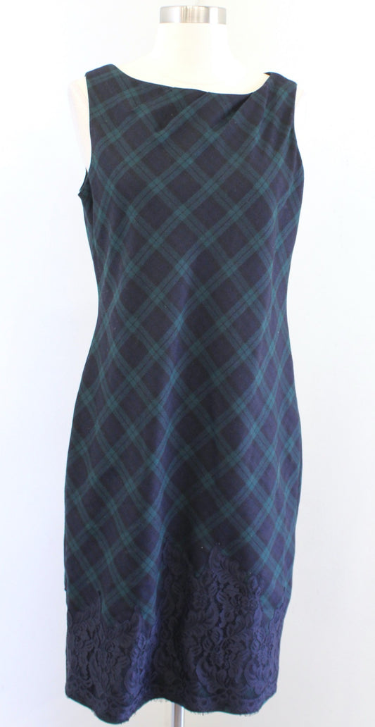 Talbots Green Navy Blue Black Plaid Wool Blend Lace Hem Sheath Dress Size 8