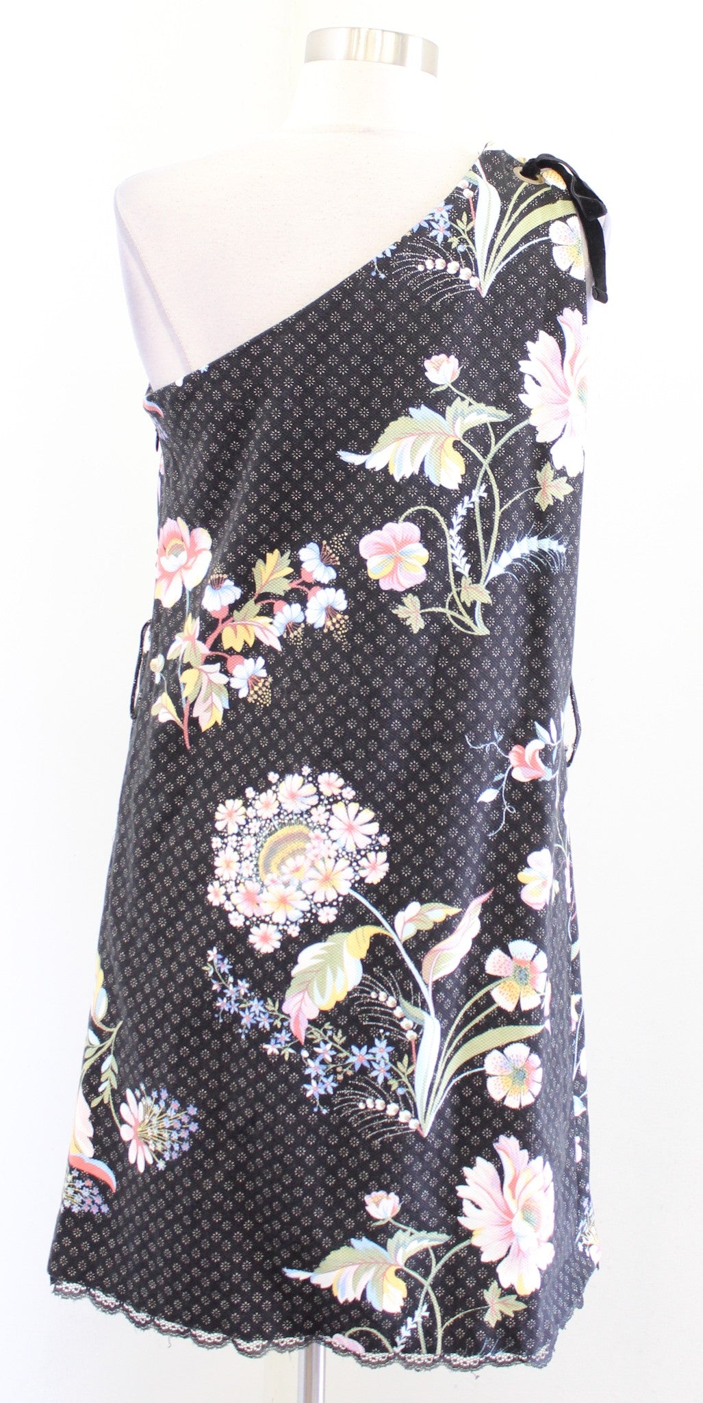 Maeve Anthropologie Ashbury Black Floral One Shoulder Shift Dress Size 8 Bow