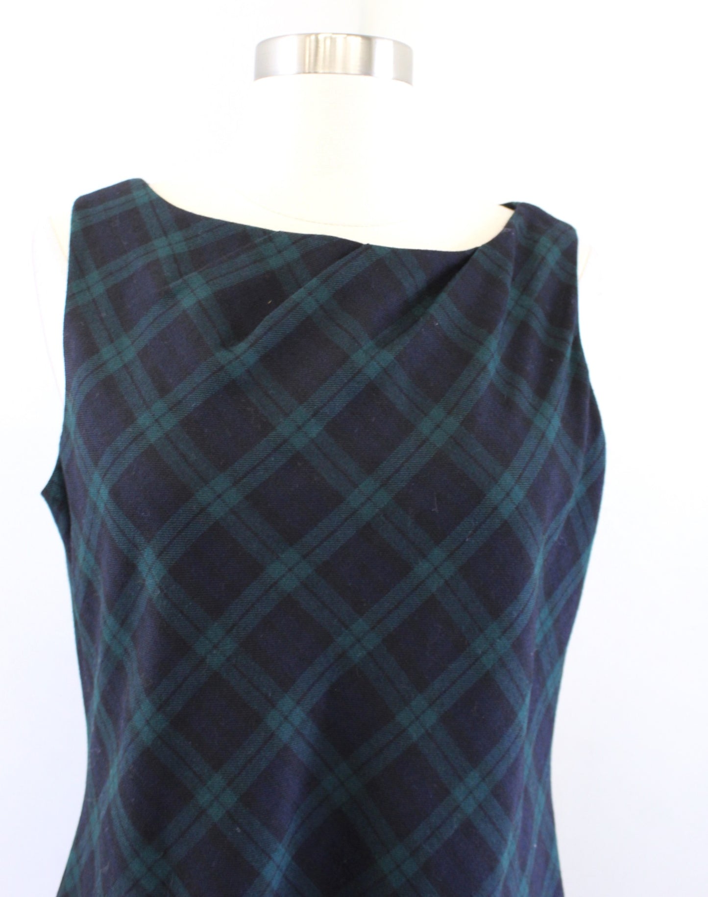 Talbots Green Navy Blue Black Plaid Wool Blend Lace Hem Sheath Dress Size 8
