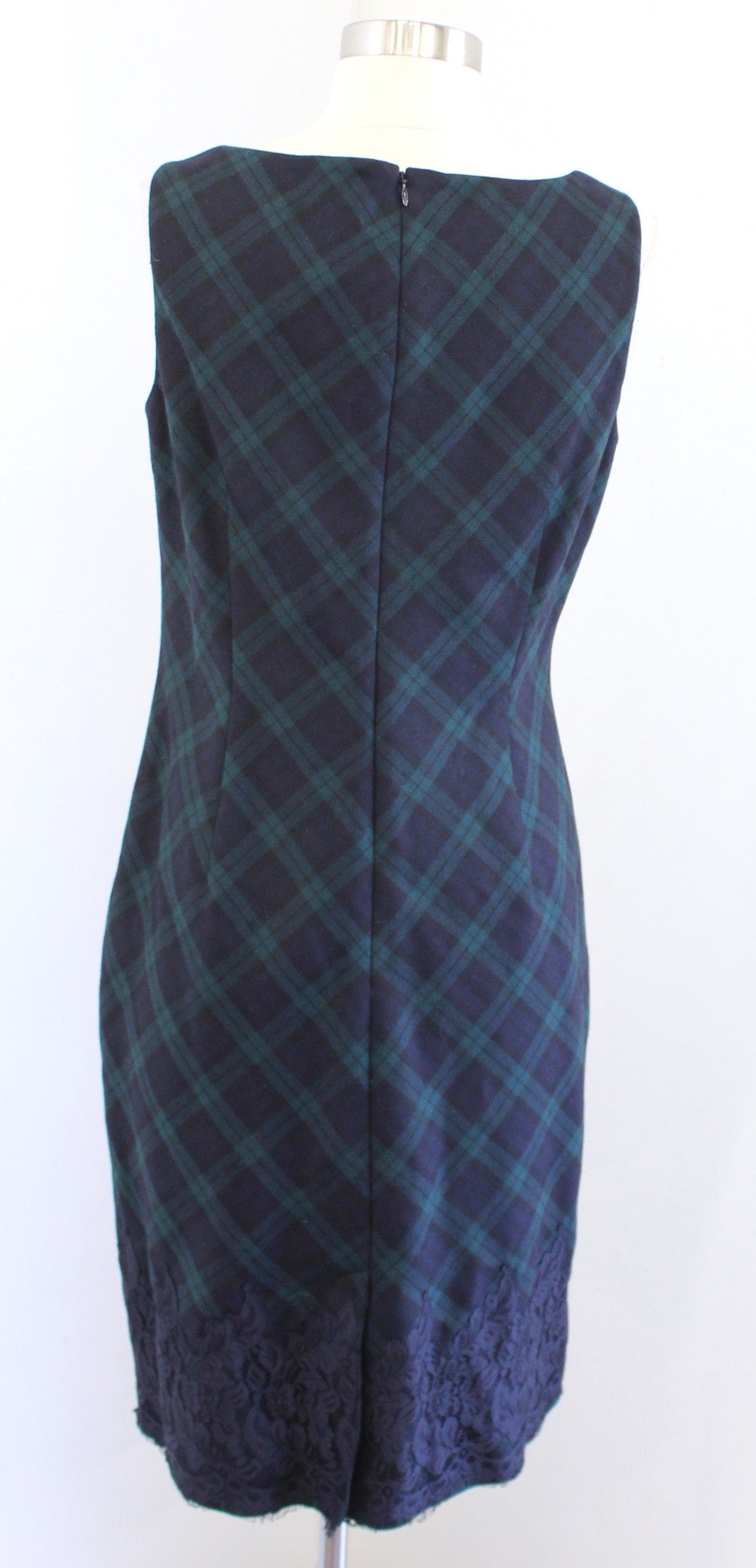 Talbots Green Navy Blue Black Plaid Wool Blend Lace Hem Sheath Dress Size 8