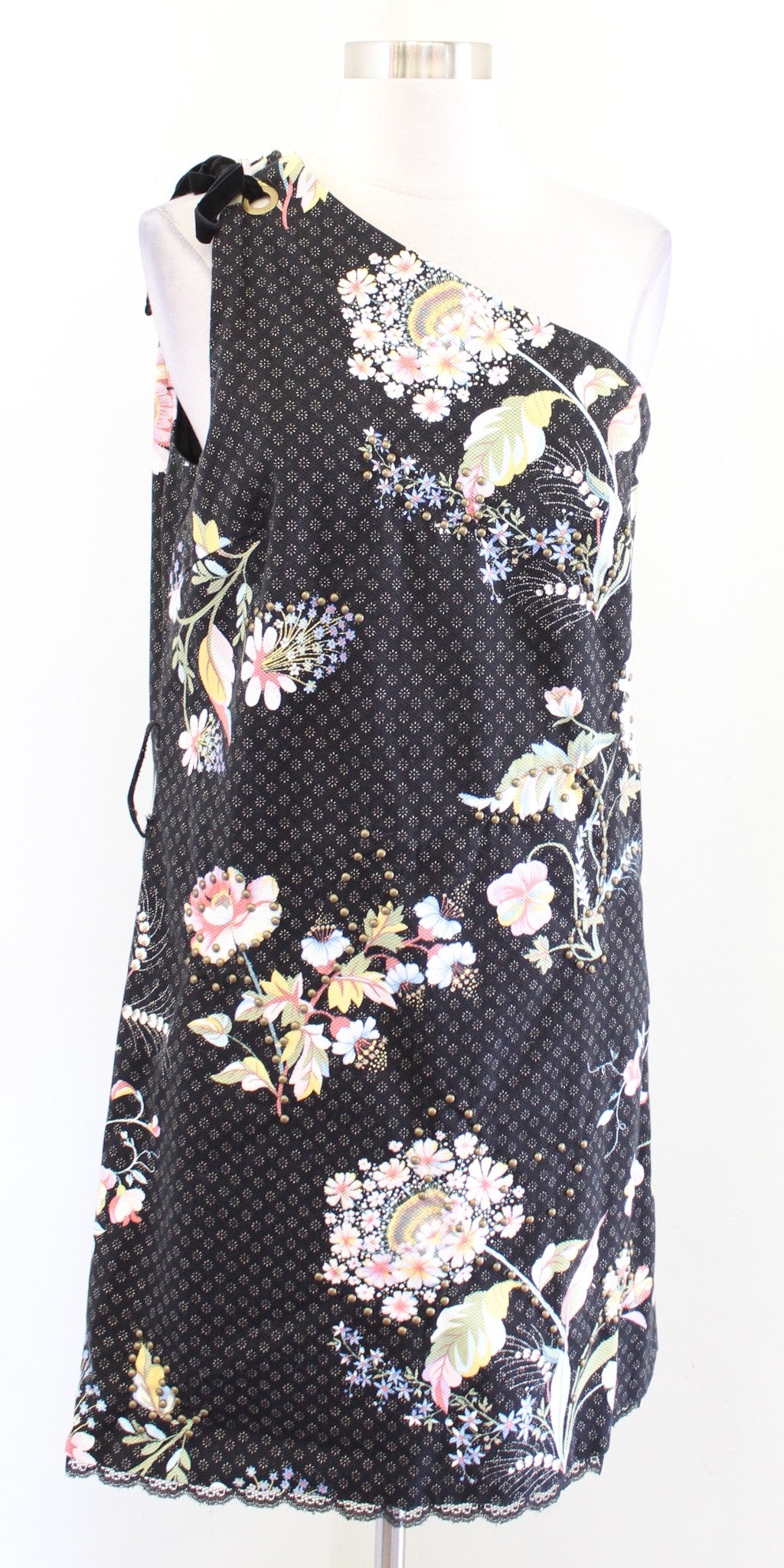 Maeve Anthropologie Ashbury Black Floral One Shoulder Shift Dress Size 8 Bow