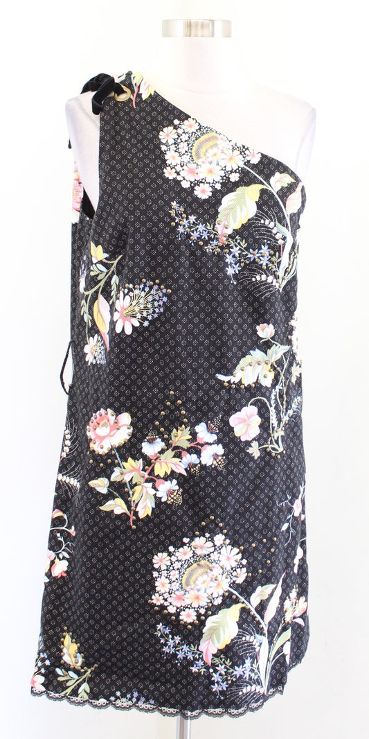 Maeve Anthropologie Ashbury Black Floral One Shoulder Shift Dress Size 8 Bow