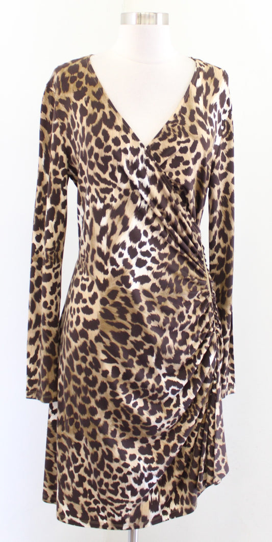 Michael Kors Leopard Print Zipper Accent Ruched Jersey Wiggle Dress Size 8