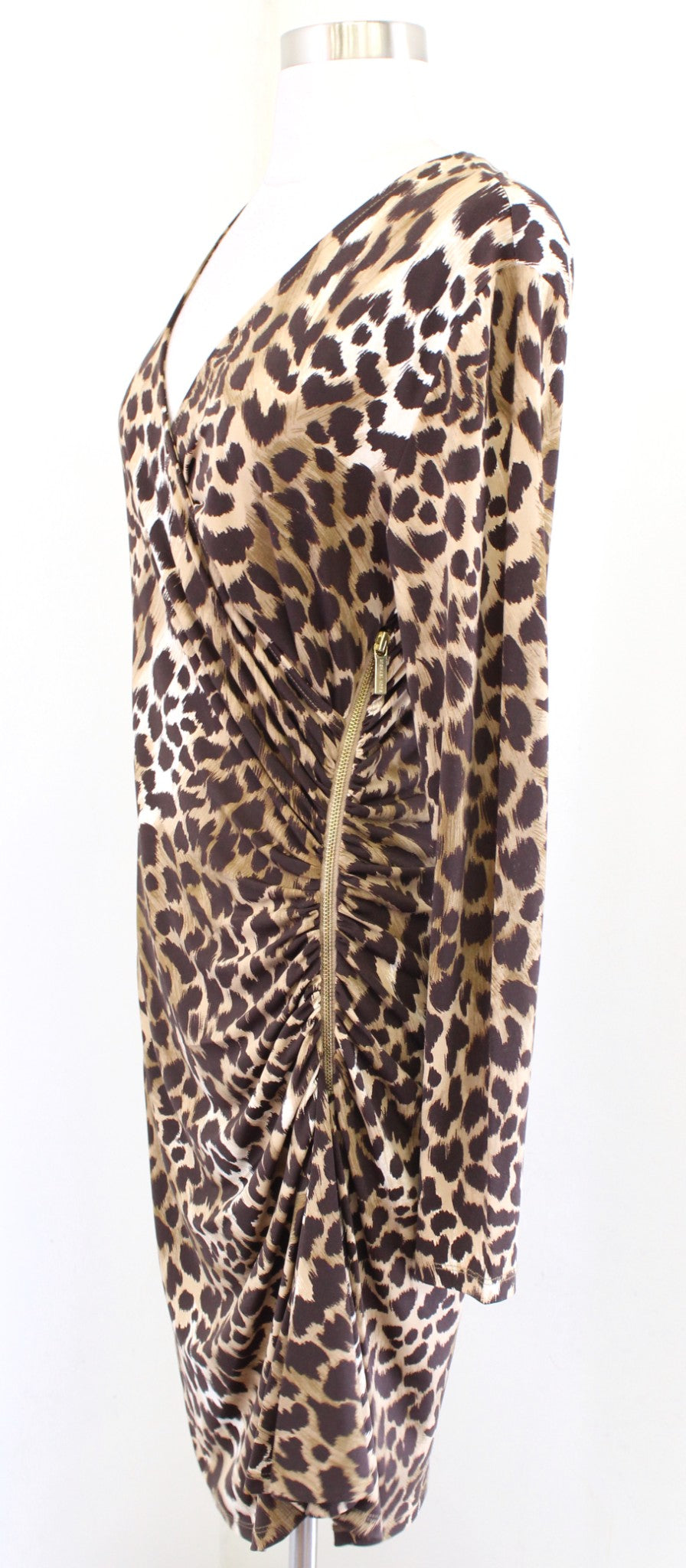 Michael Kors Leopard Print Zipper Accent Ruched Jersey Wiggle Dress Size 8