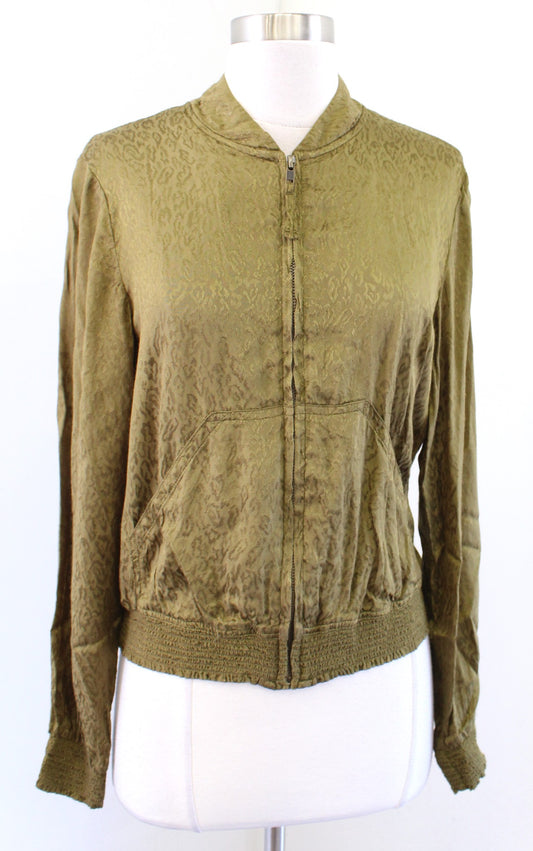Maeve Anthropologie Green Satin Burnout Leopard Zip Light Bomber Jacket Size XS