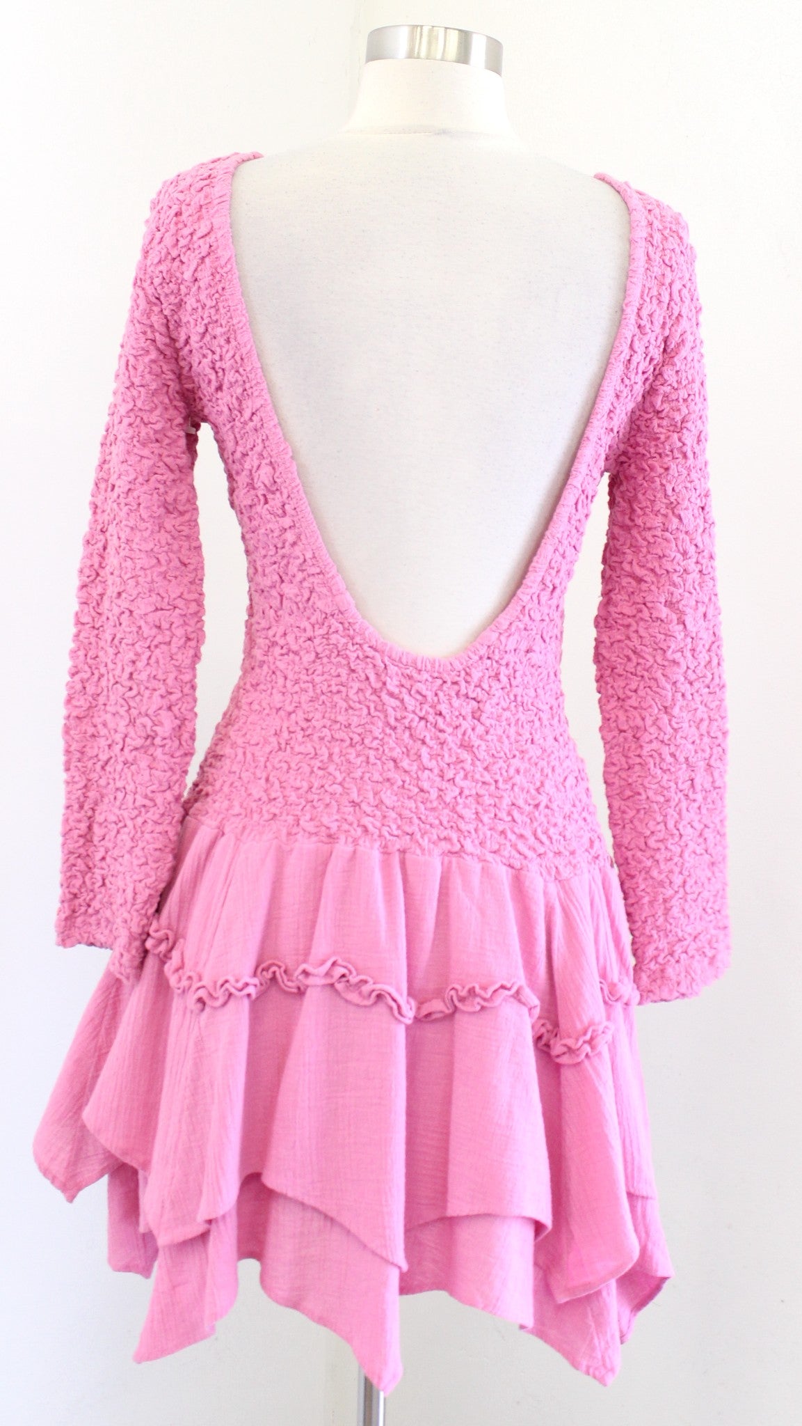 Free People What a Time Pink Textured Drop Waist Open Back Asymmetric Dress Sz S