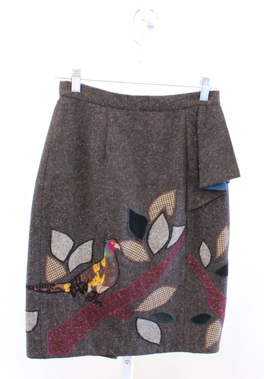 Floreat Anthropologie In the Trees Tweed Bird Patchwork Ruffle Pencil Skirt Sz 2