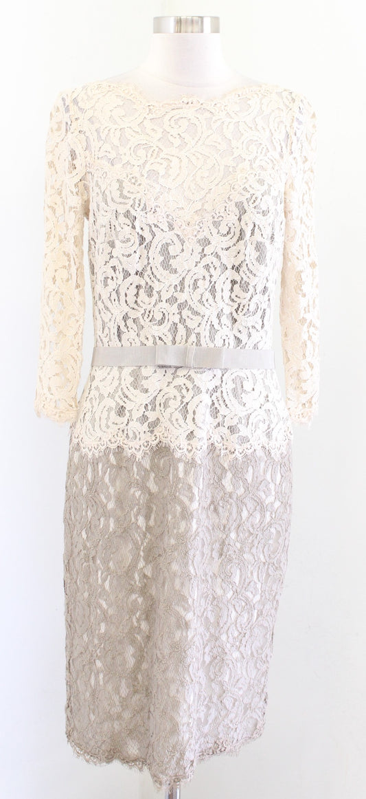 Tadashi Shoji Cream Taupe Tan Color Block Lace Dress Cocktail Party Size 10