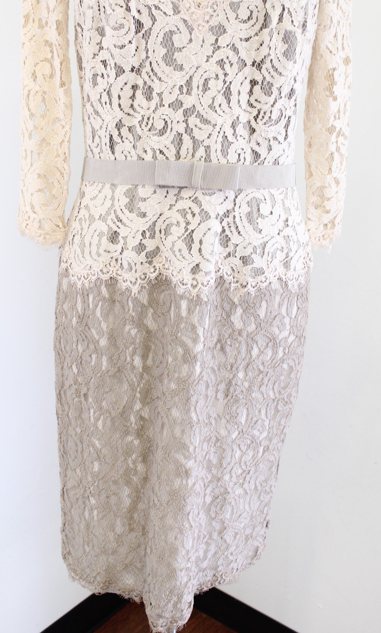 Tadashi Shoji Cream Taupe Tan Color Block Lace Dress Cocktail Party Size 10