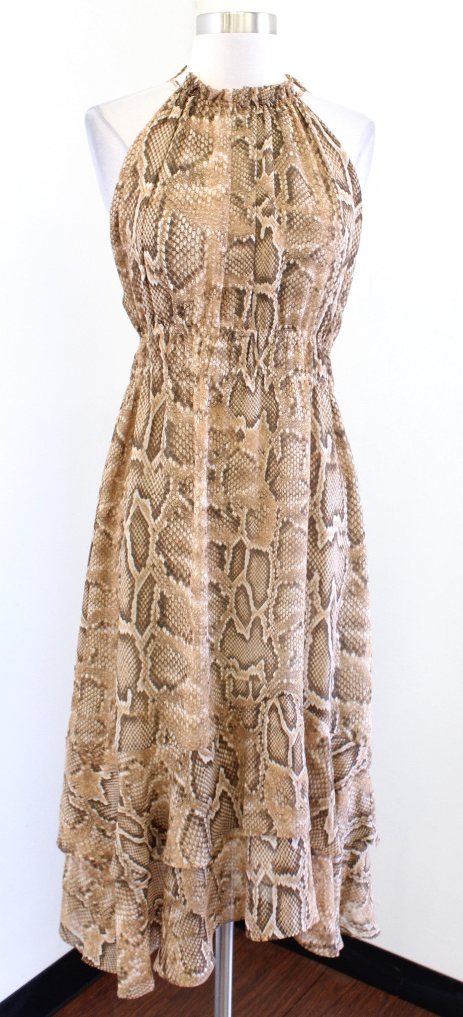 Zara Tan Snakeskin Print Halter Smocked Flounce Hem Midi Maxi Dress Size M