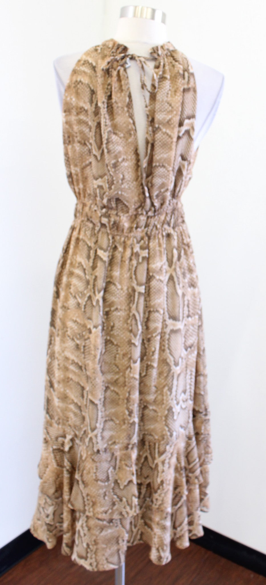 Zara Tan Snakeskin Print Halter Smocked Flounce Hem Midi Maxi Dress Size M