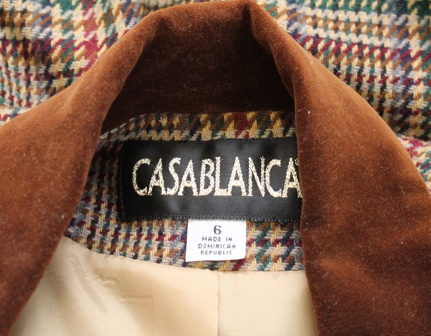 Vtg 90s Plaid Tweed Velvet Collar Boyfriend Style Blazer Jacket Sz 6 Retro Wool