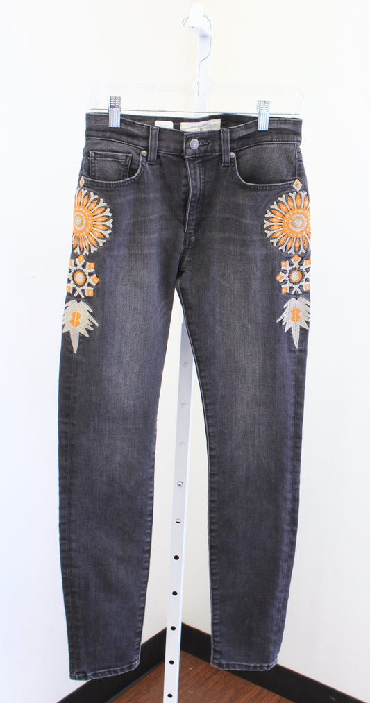 Miss Me Vintage Black Gray Embroidered Skinny Jeans Size 28 Orange Medallion