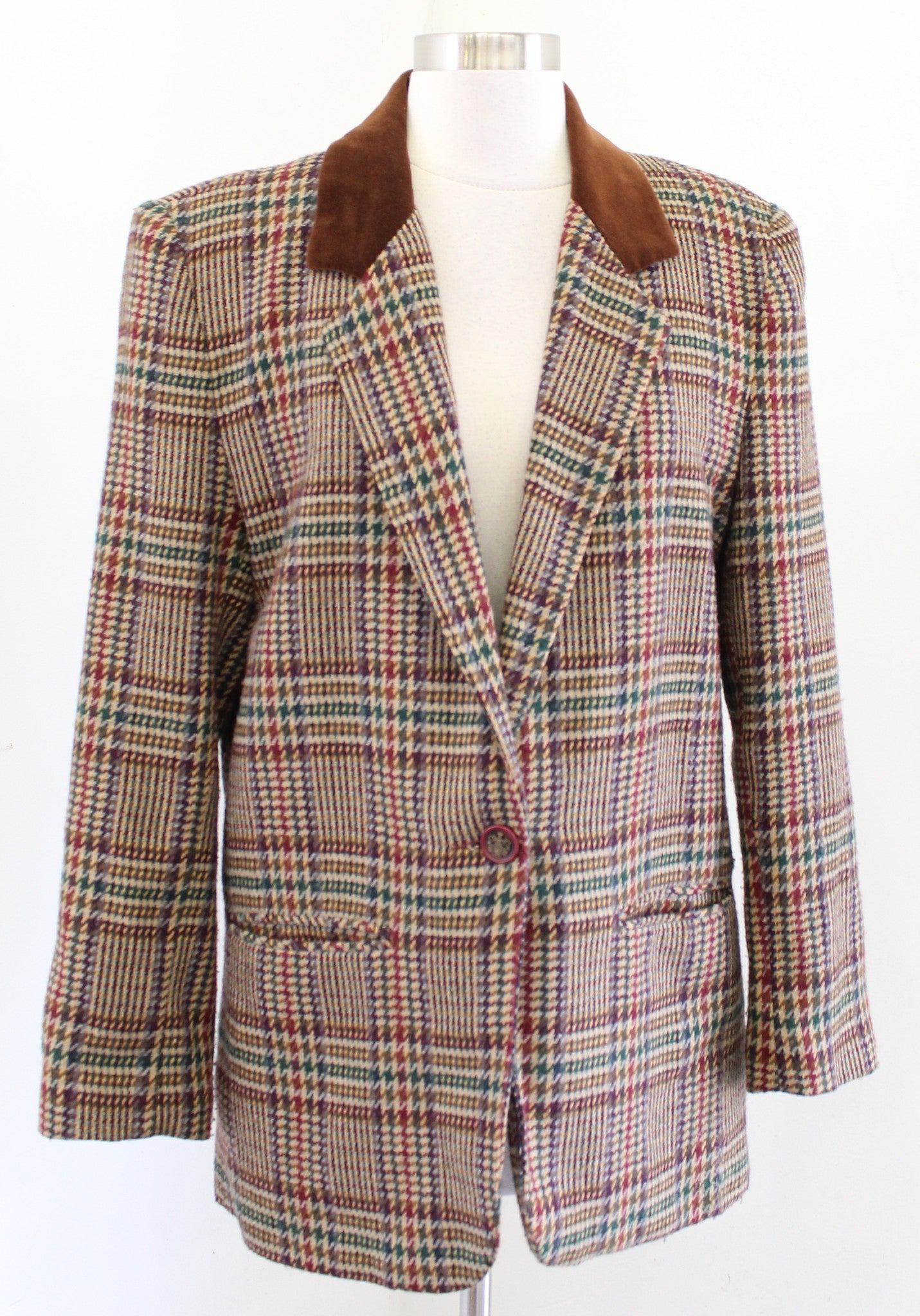 Vtg 90s Plaid Tweed Velvet Collar Boyfriend Style Blazer Jacket Sz 6 Retro Wool