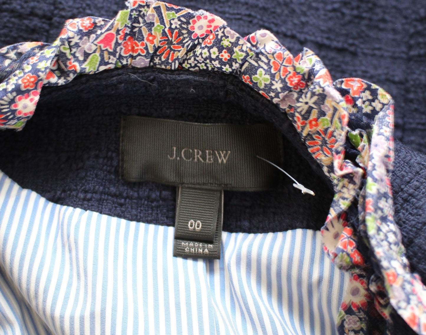 J Crew Navy Blue Tweed Lady Jacket Blazer Liberty London Ruffle Floral Trim 00
