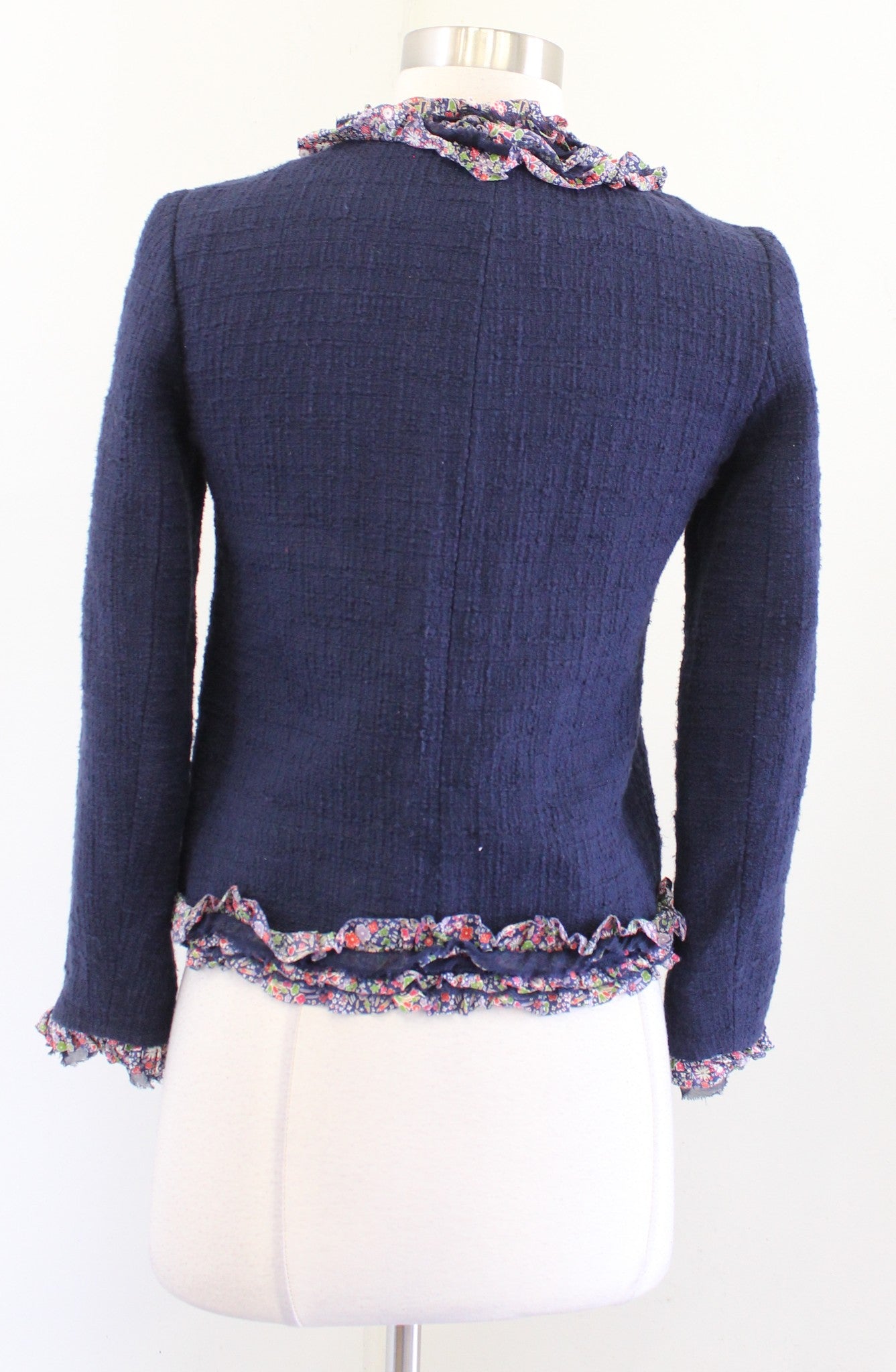 J Crew Navy Blue Tweed Lady Jacket Blazer Liberty London Ruffle Floral Trim 00