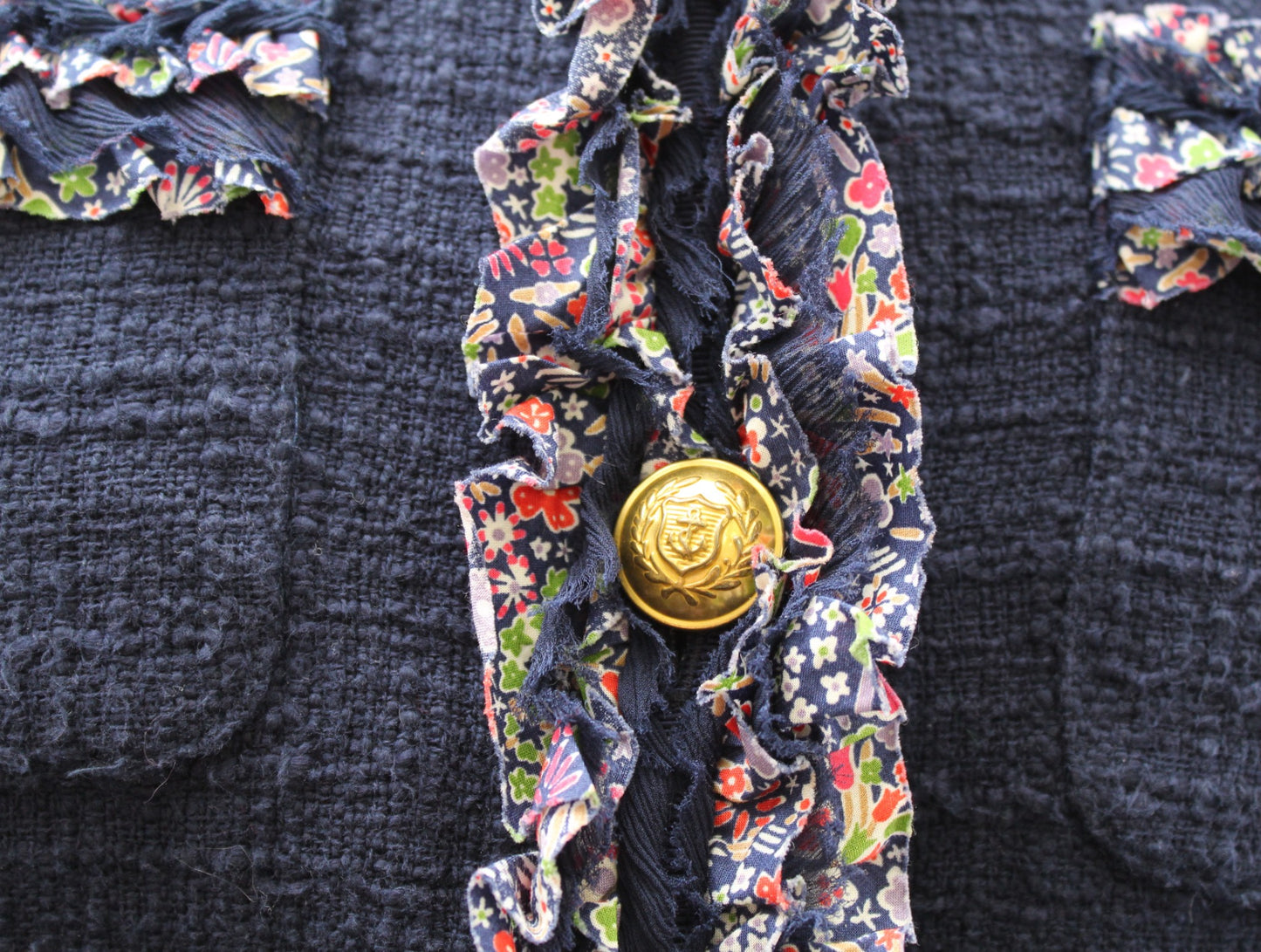 J Crew Navy Blue Tweed Lady Jacket Blazer Liberty London Ruffle Floral Trim 00