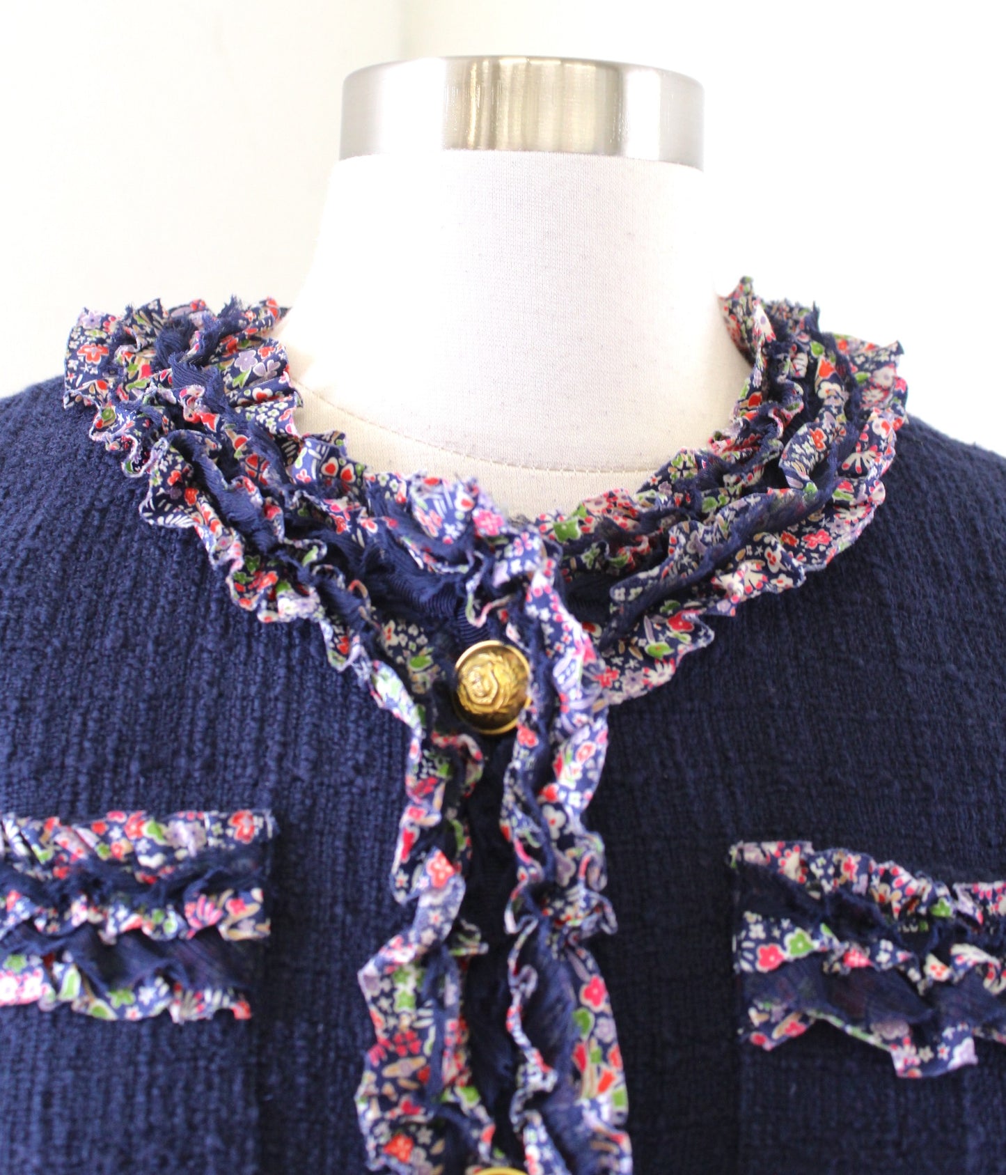 J Crew Navy Blue Tweed Lady Jacket Blazer Liberty London Ruffle Floral Trim 00