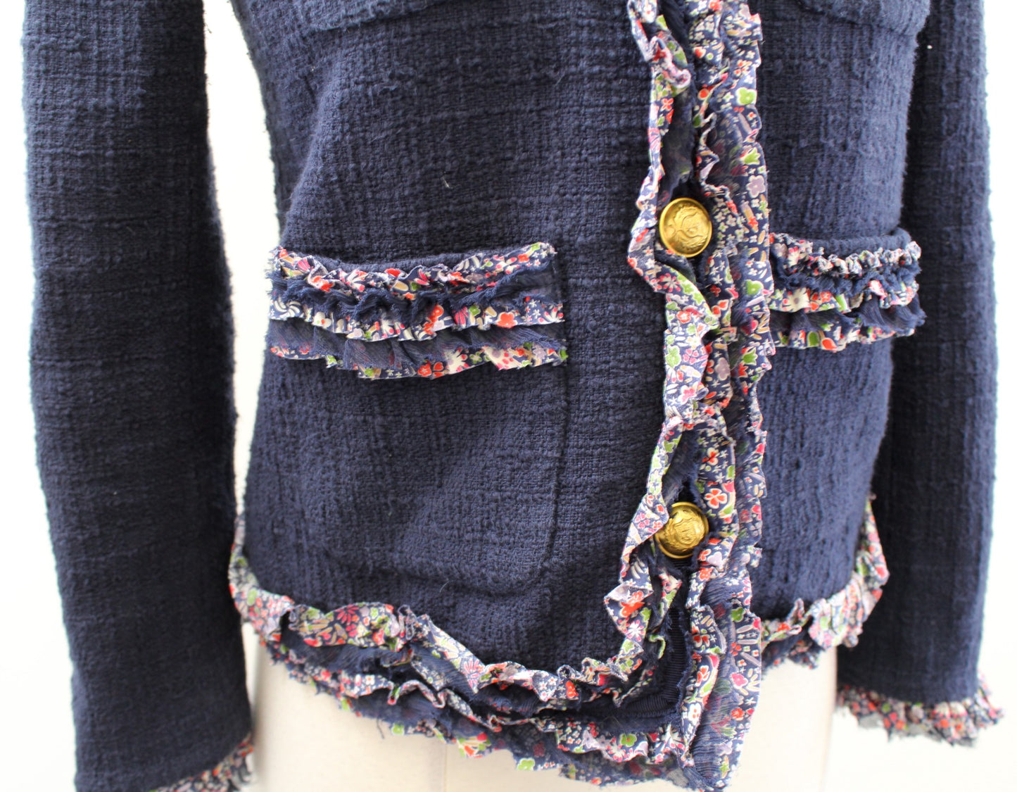 J Crew Navy Blue Tweed Lady Jacket Blazer Liberty London Ruffle Floral Trim 00
