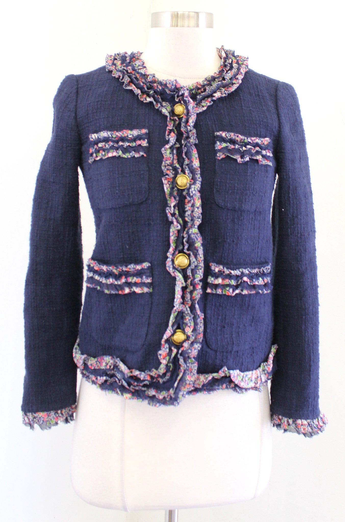 J Crew Navy Blue Tweed Lady Jacket Blazer Liberty London Ruffle Floral Trim 00