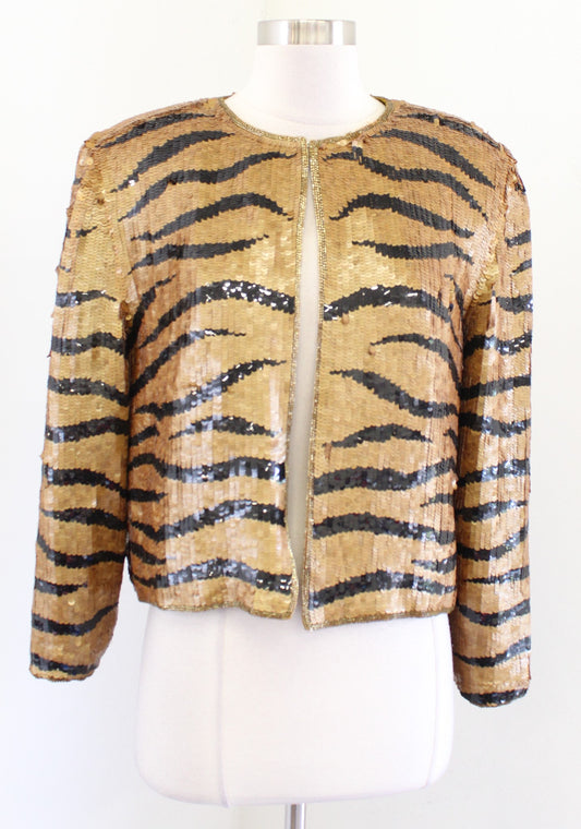 NWT Vtg 90s Gold Black Silk Beaded Sequin Evening Party Jacket Size M Deadstock