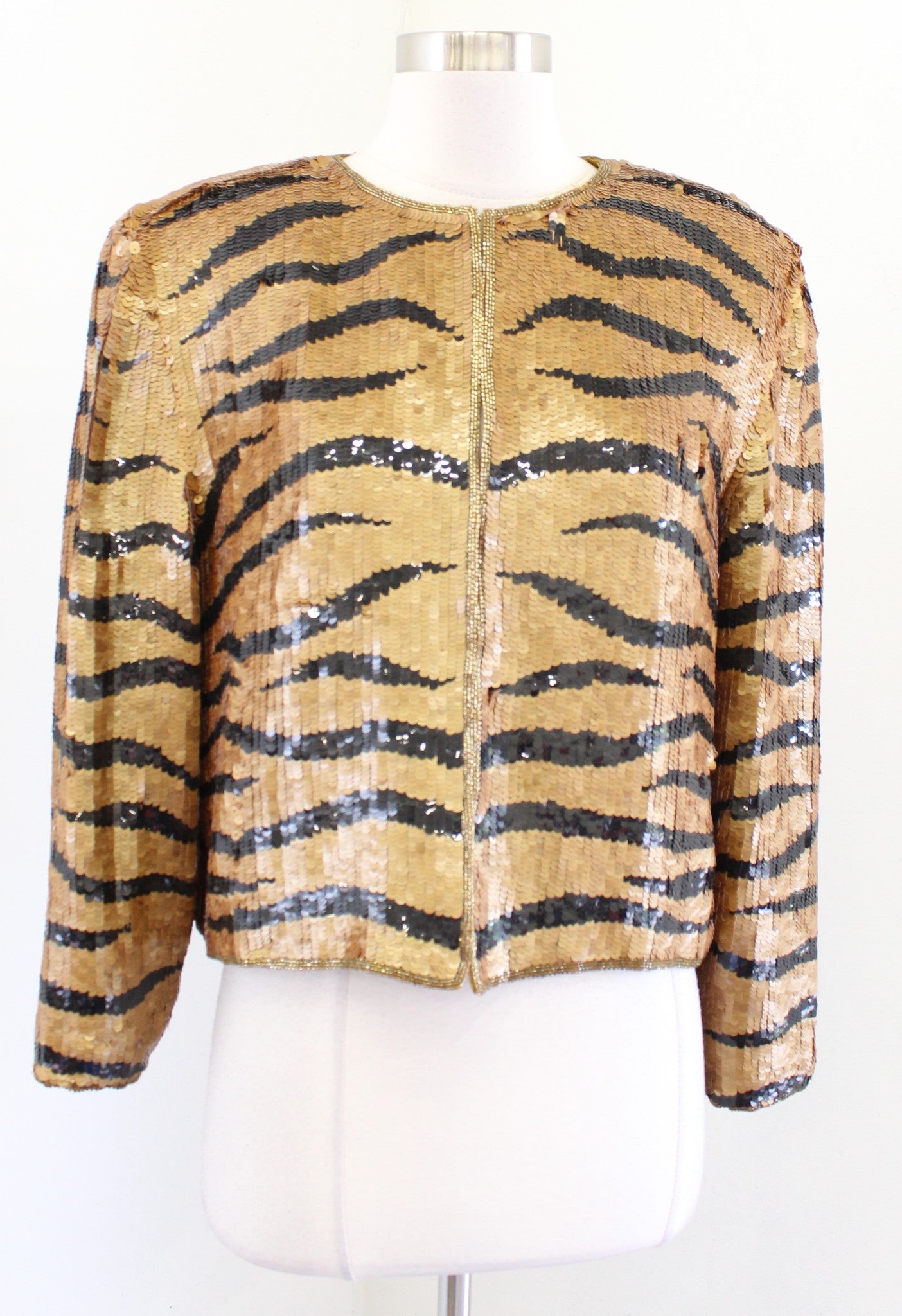 NWT Vtg 90s Gold Black Silk Beaded Sequin Evening Party Jacket Size M Deadstock