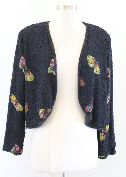 NWT Vtg 90s Y2k Black Butterfly Print Sequin Beaded Jacket Size M Party Evening