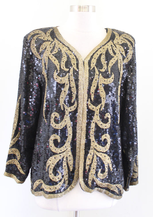 Vtg 90s Black Gold Silk Beaded Sequin Evening Party Jacket Size XL Carina