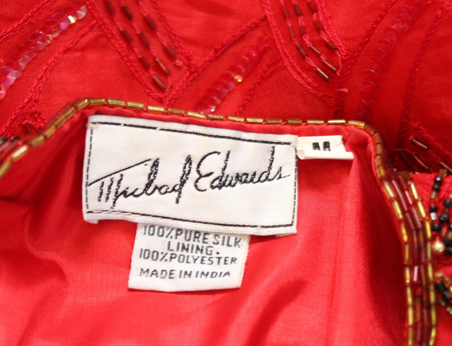 Vtg 90s Red Gold Silk Embellished Beaded Sequin Evening Party Jacket Size M