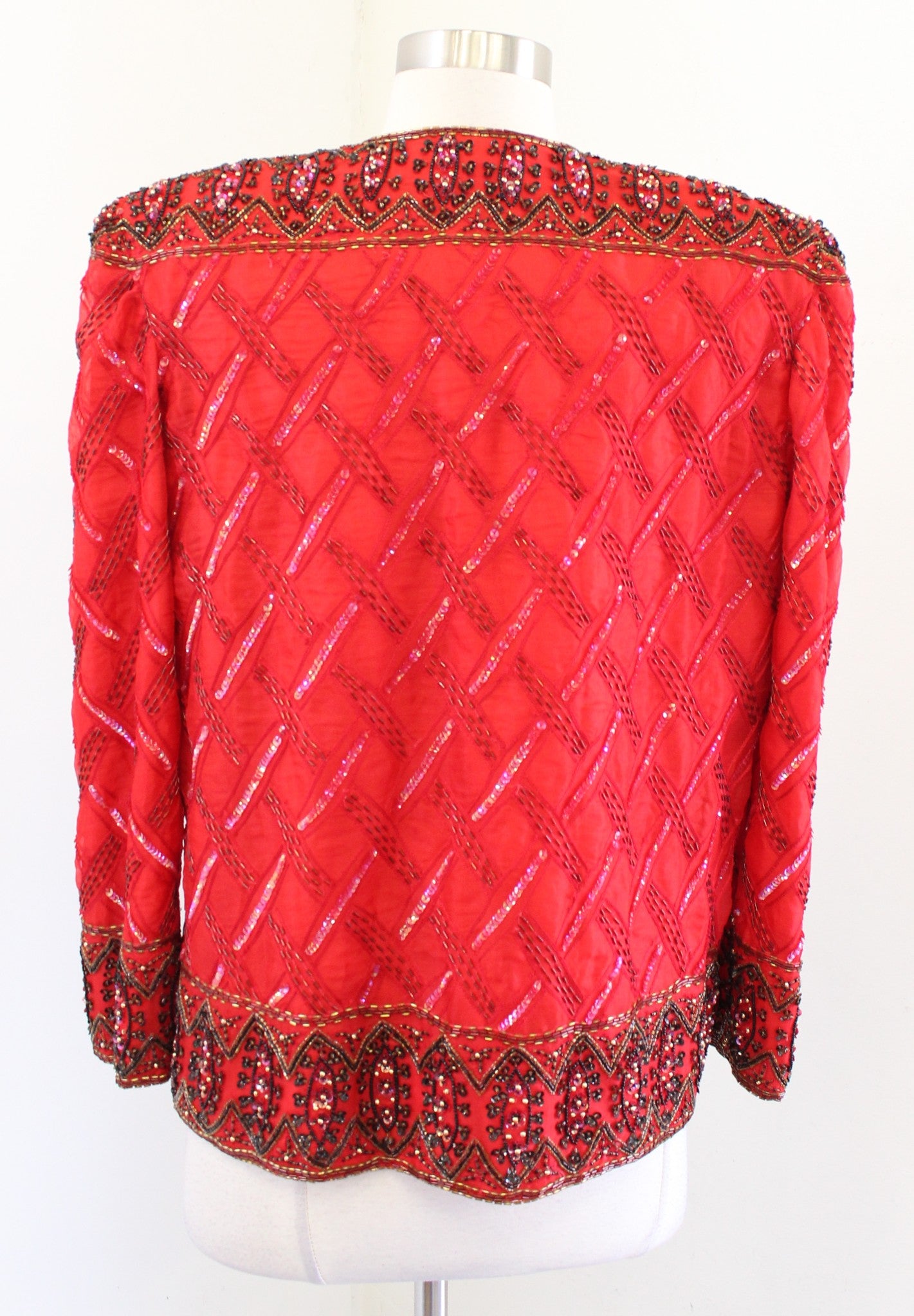 Vtg 90s Red Gold Silk Embellished Beaded Sequin Evening Party Jacket Size M