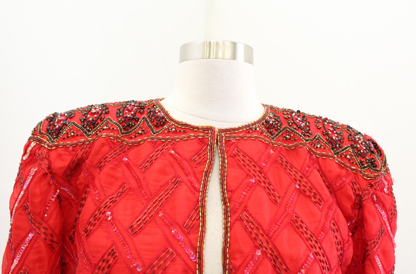 Vtg 90s Red Gold Silk Embellished Beaded Sequin Evening Party Jacket Size M