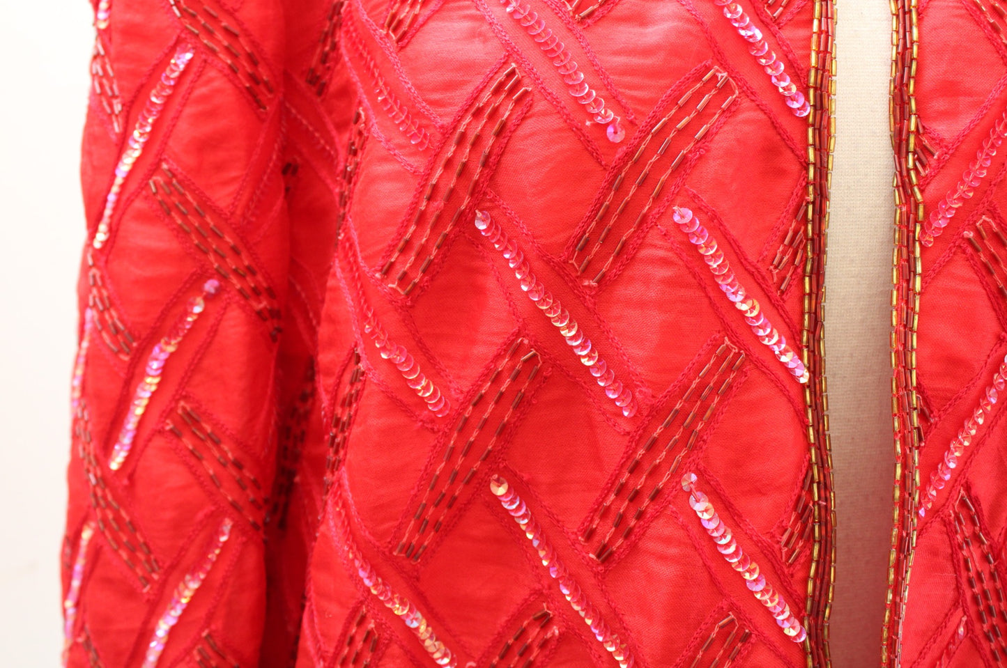 Vtg 90s Red Gold Silk Embellished Beaded Sequin Evening Party Jacket Size M