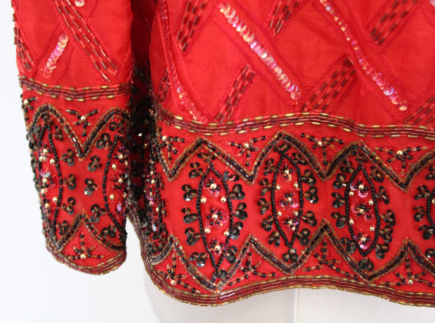 Vtg 90s Red Gold Silk Embellished Beaded Sequin Evening Party Jacket Size M