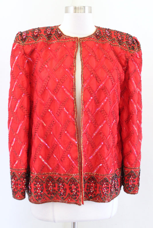 Vtg 90s Red Gold Silk Embellished Beaded Sequin Evening Party Jacket Size M